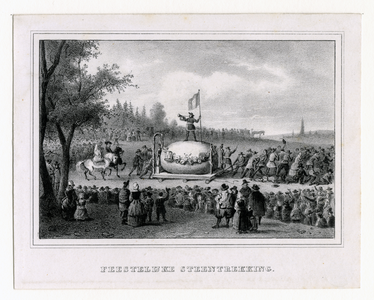 39516 Afbeelding van de optocht te Amersfoort waarin de feestelijk versierde kei wordt voortgetrokken.